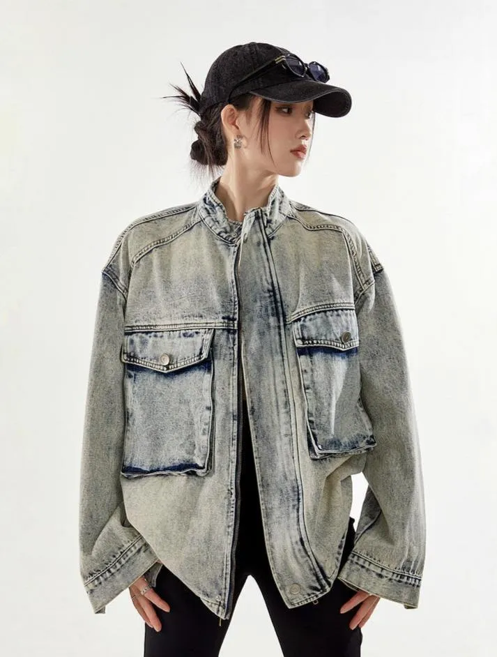 Oversized Sandblast Denim Trucker Jacket with Pockets
