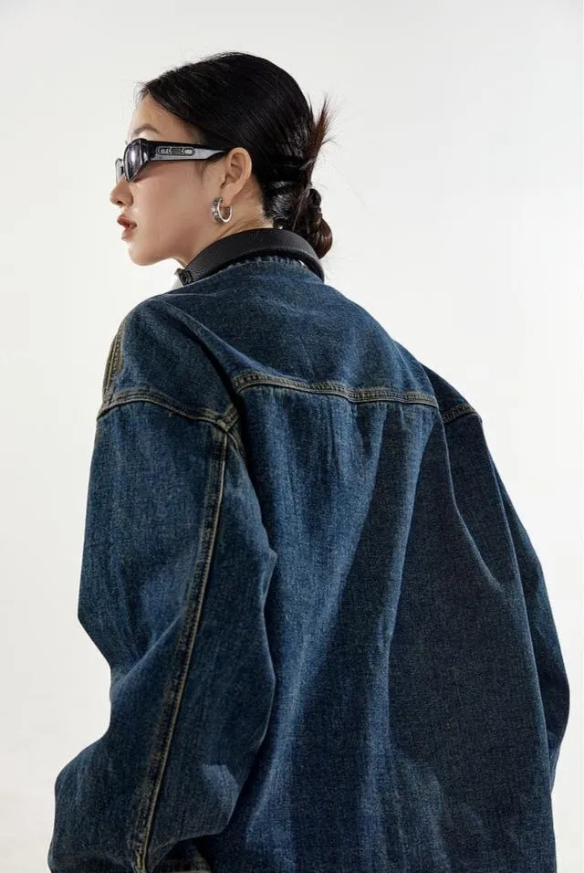 Oversized Sandblast Denim Trucker Jacket with Pockets