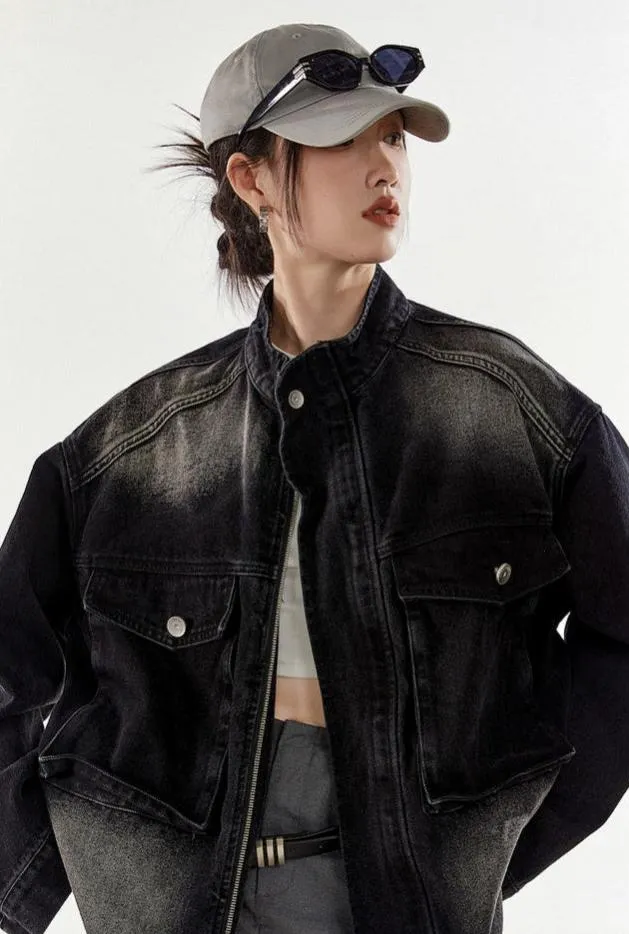 Oversized Sandblast Denim Trucker Jacket with Pockets