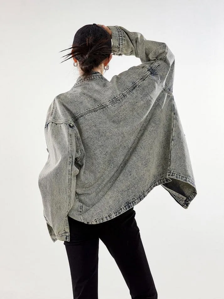 Oversized Sandblast Denim Trucker Jacket with Pockets