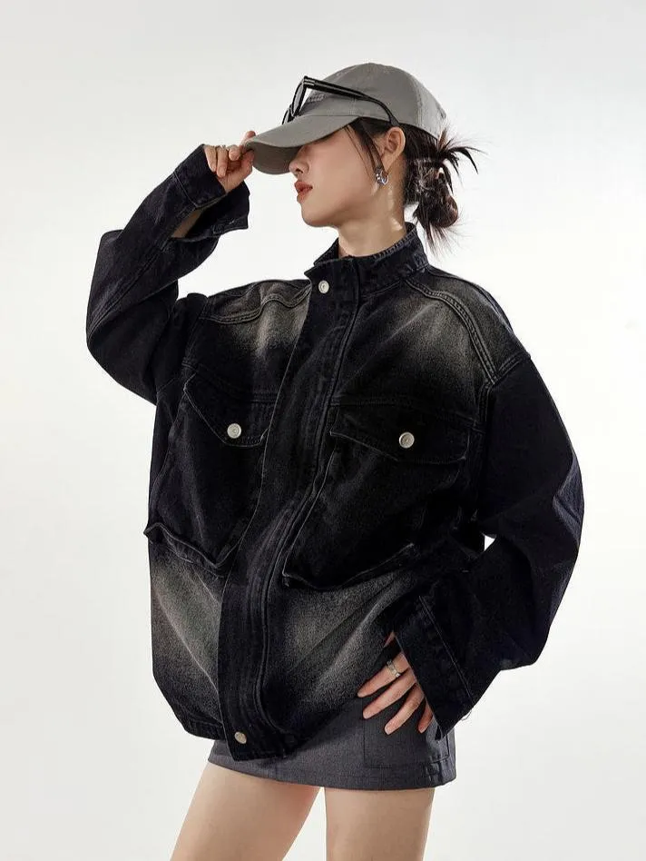 Oversized Sandblast Denim Trucker Jacket with Pockets
