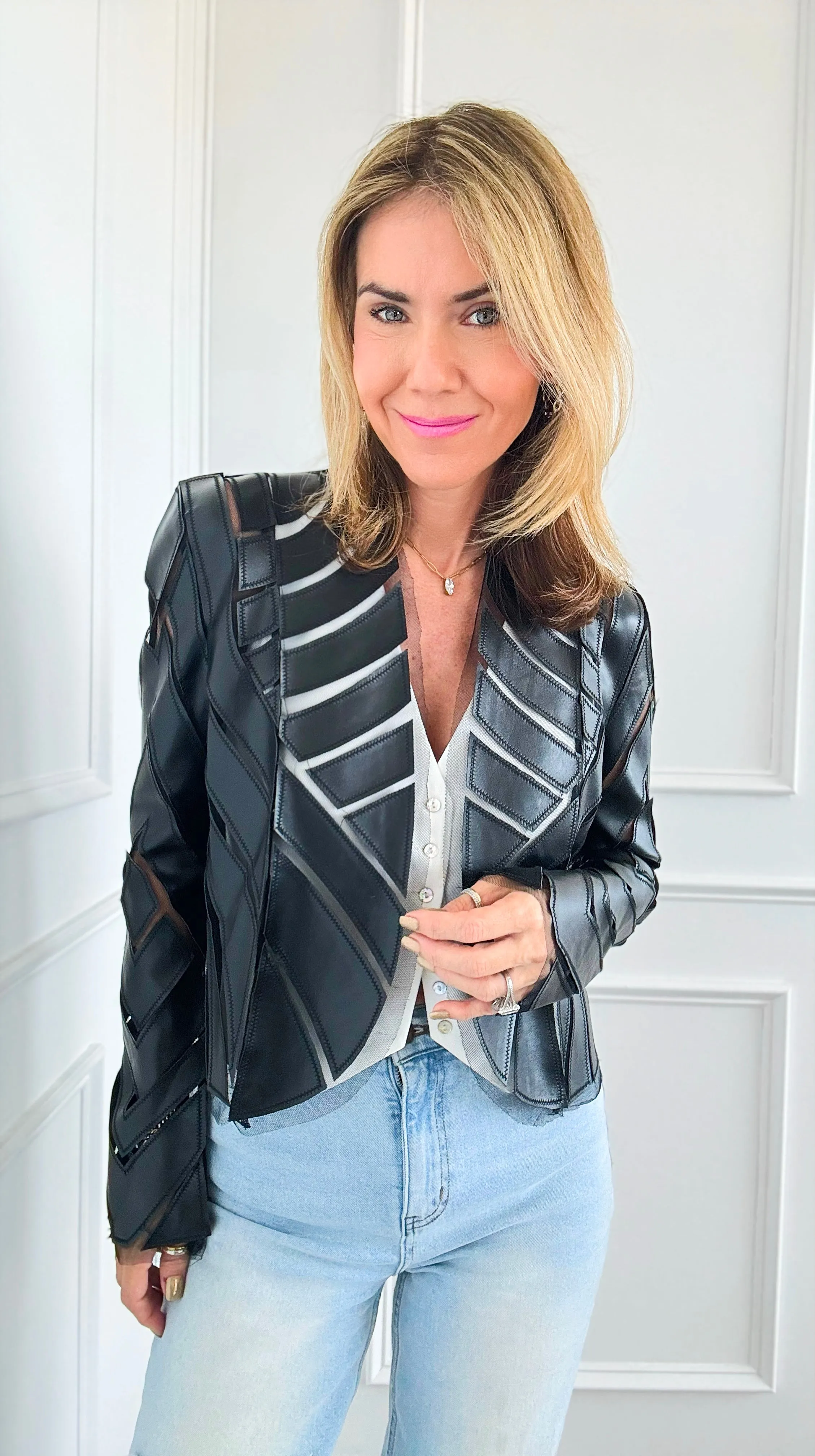 Patchwork Vegan Leather Moto Jacket - Black