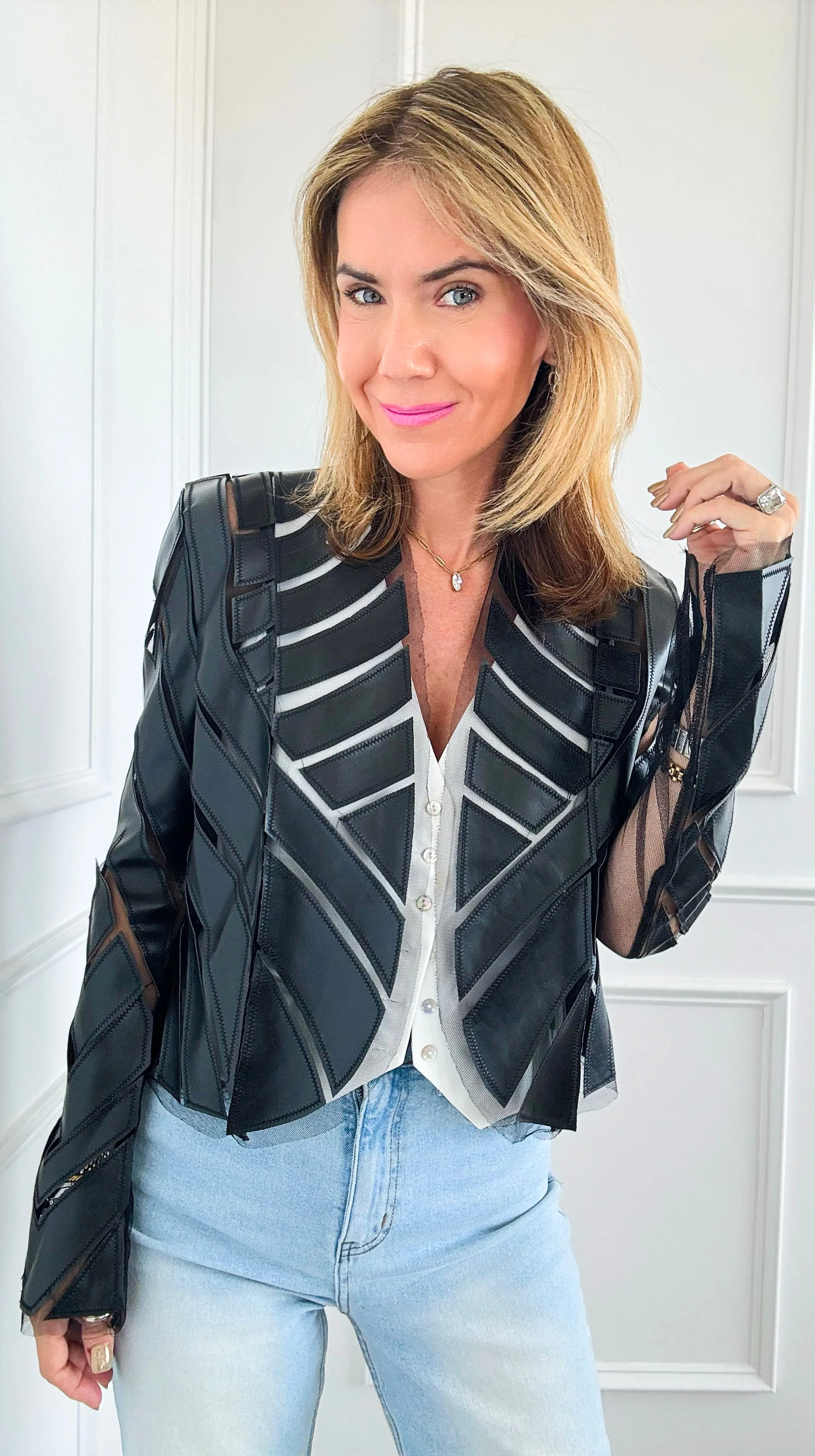 Patchwork Vegan Leather Moto Jacket - Black