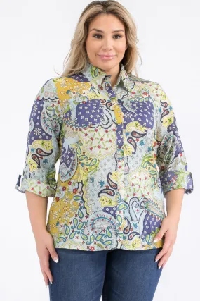 Plus Size Patchwork Floral Paisley Print Button-Down Shirt
