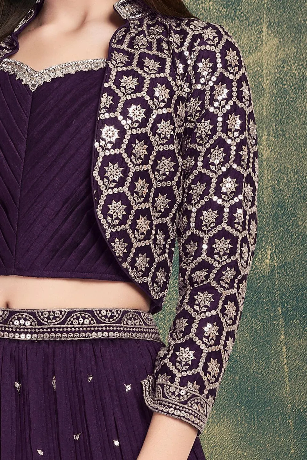 Purple Mirror, Stone, Thread and Zari work Jacket Styled Lehenga Choli for Girls