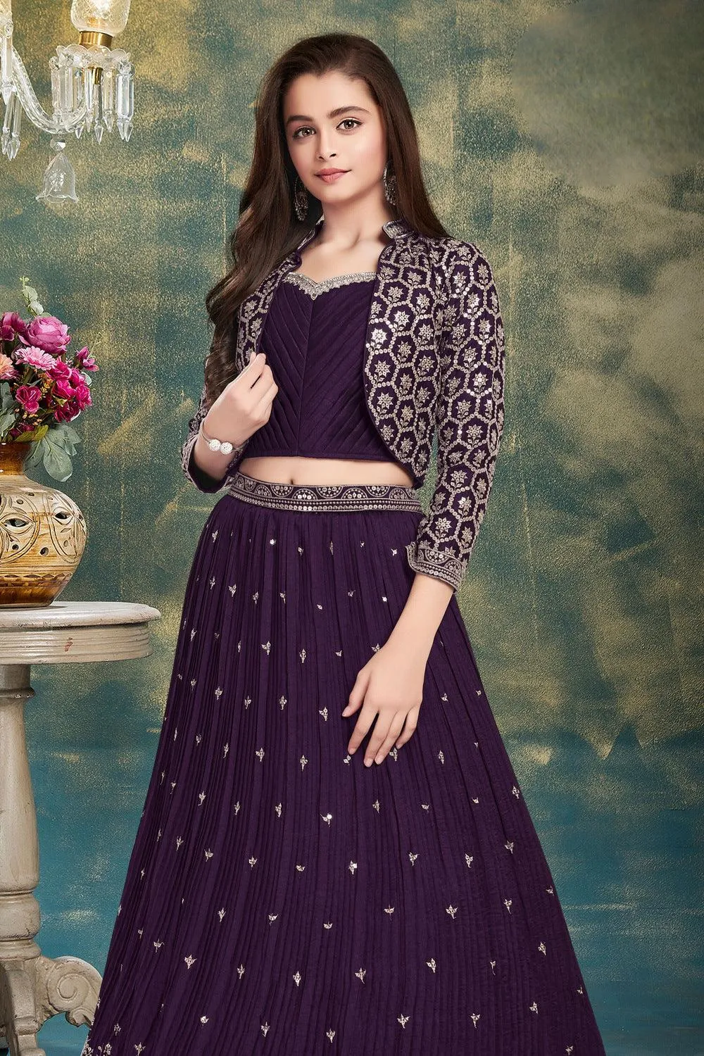 Purple Mirror, Stone, Thread and Zari work Jacket Styled Lehenga Choli for Girls