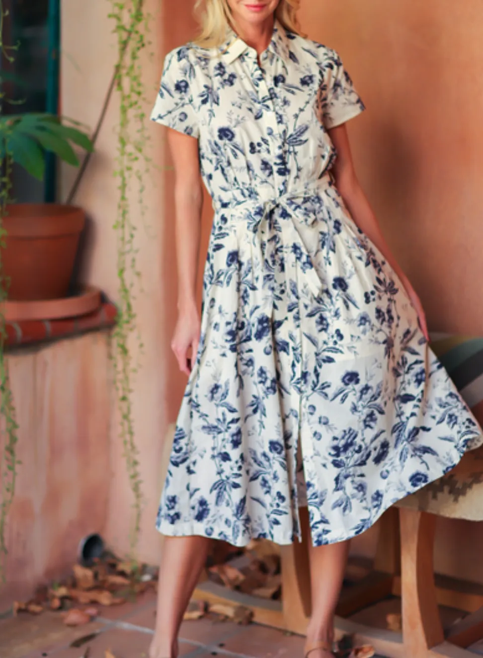 Short Sleeve Button Down Belted Midi Dress