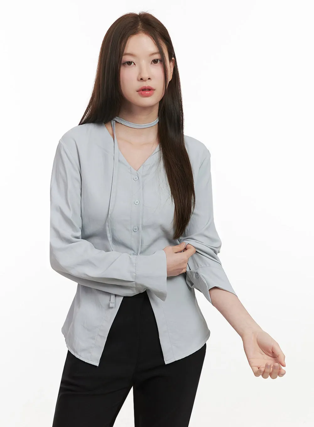 Slim-Fit Button-Down Blouse with Scarf IF505
