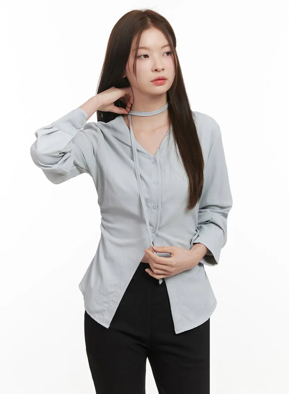 Slim-Fit Button-Down Blouse with Scarf IF505