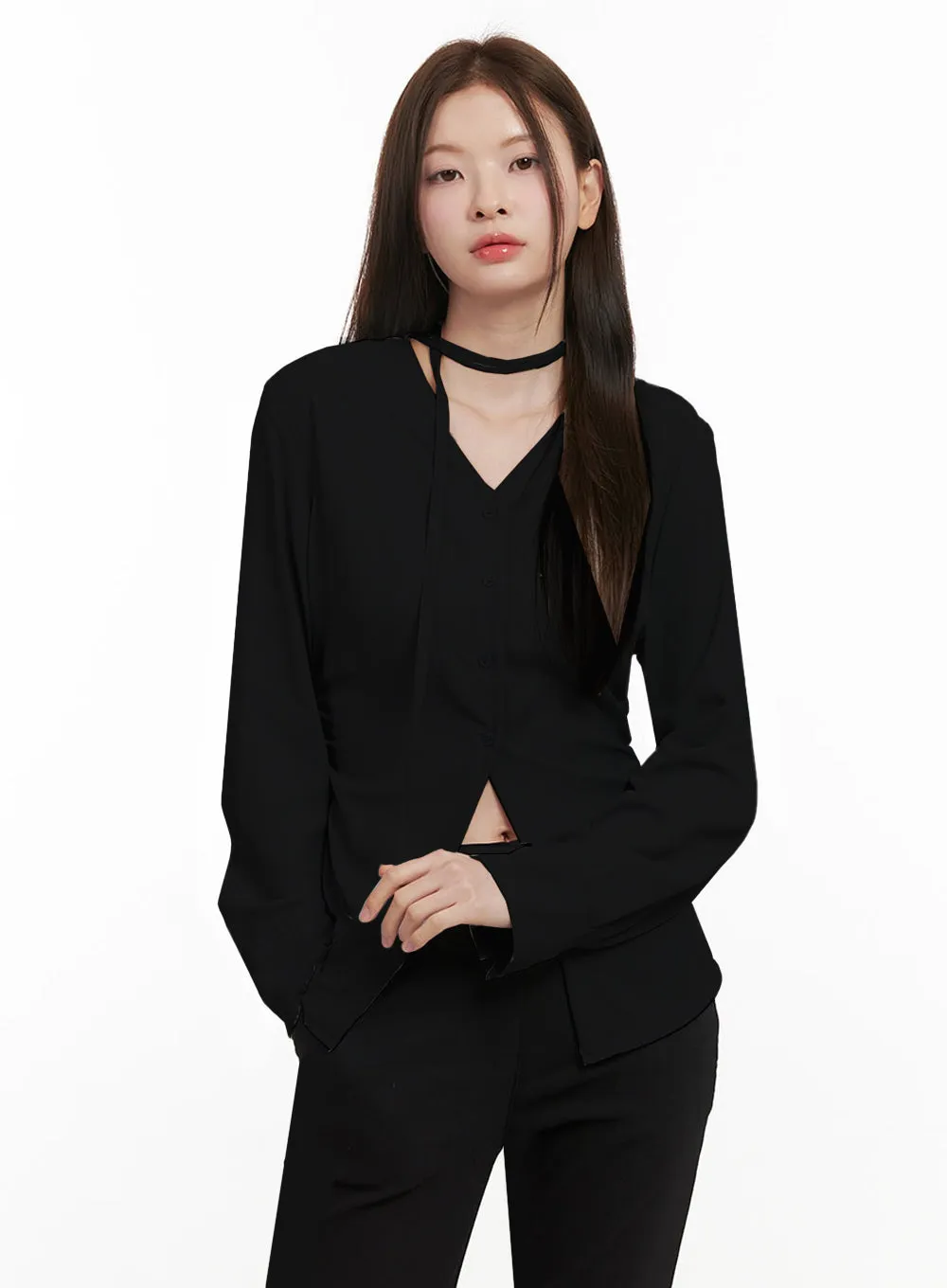 Slim-Fit Button-Down Blouse with Scarf IF505