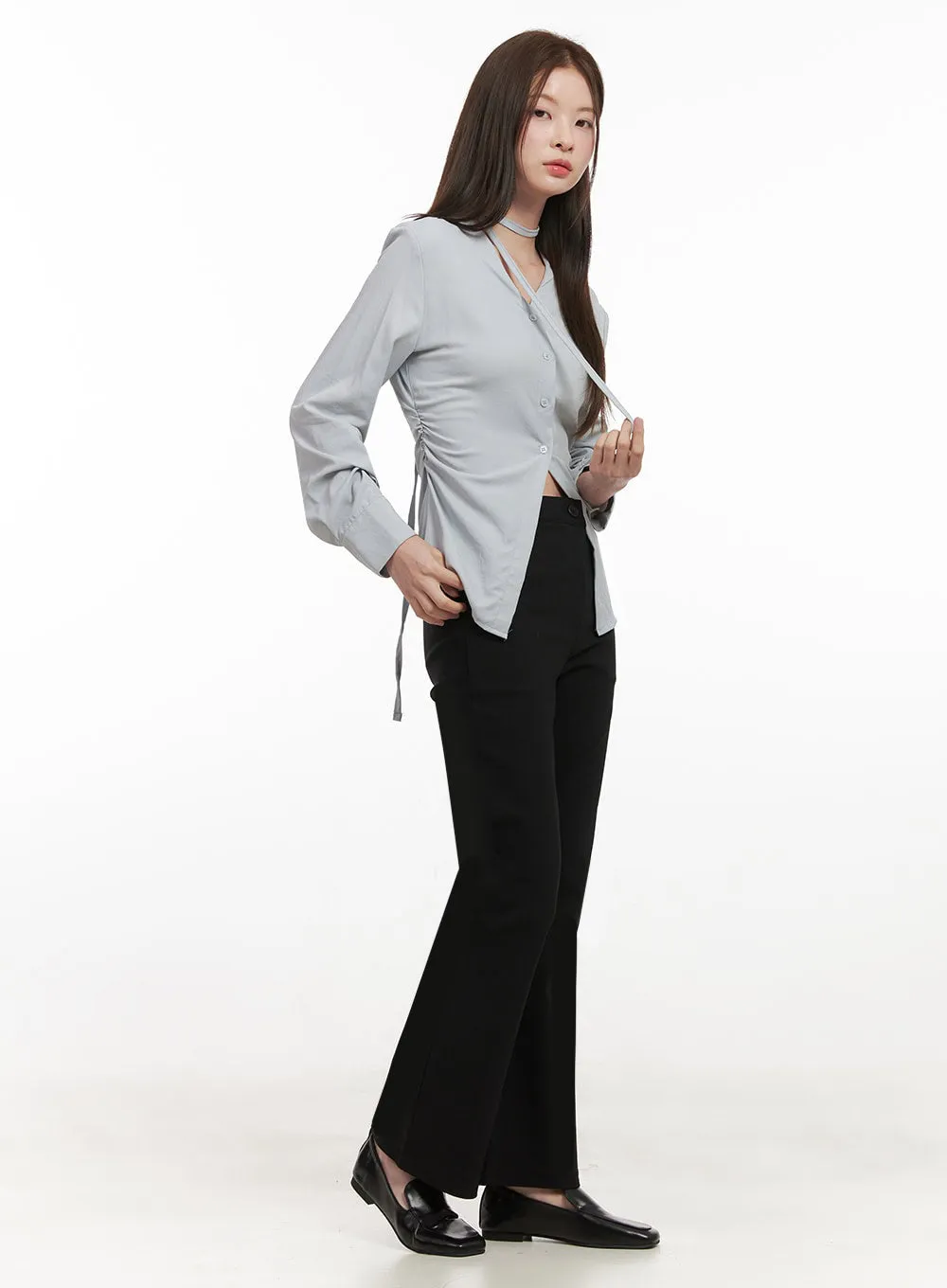 Slim-Fit Button-Down Blouse with Scarf IF505