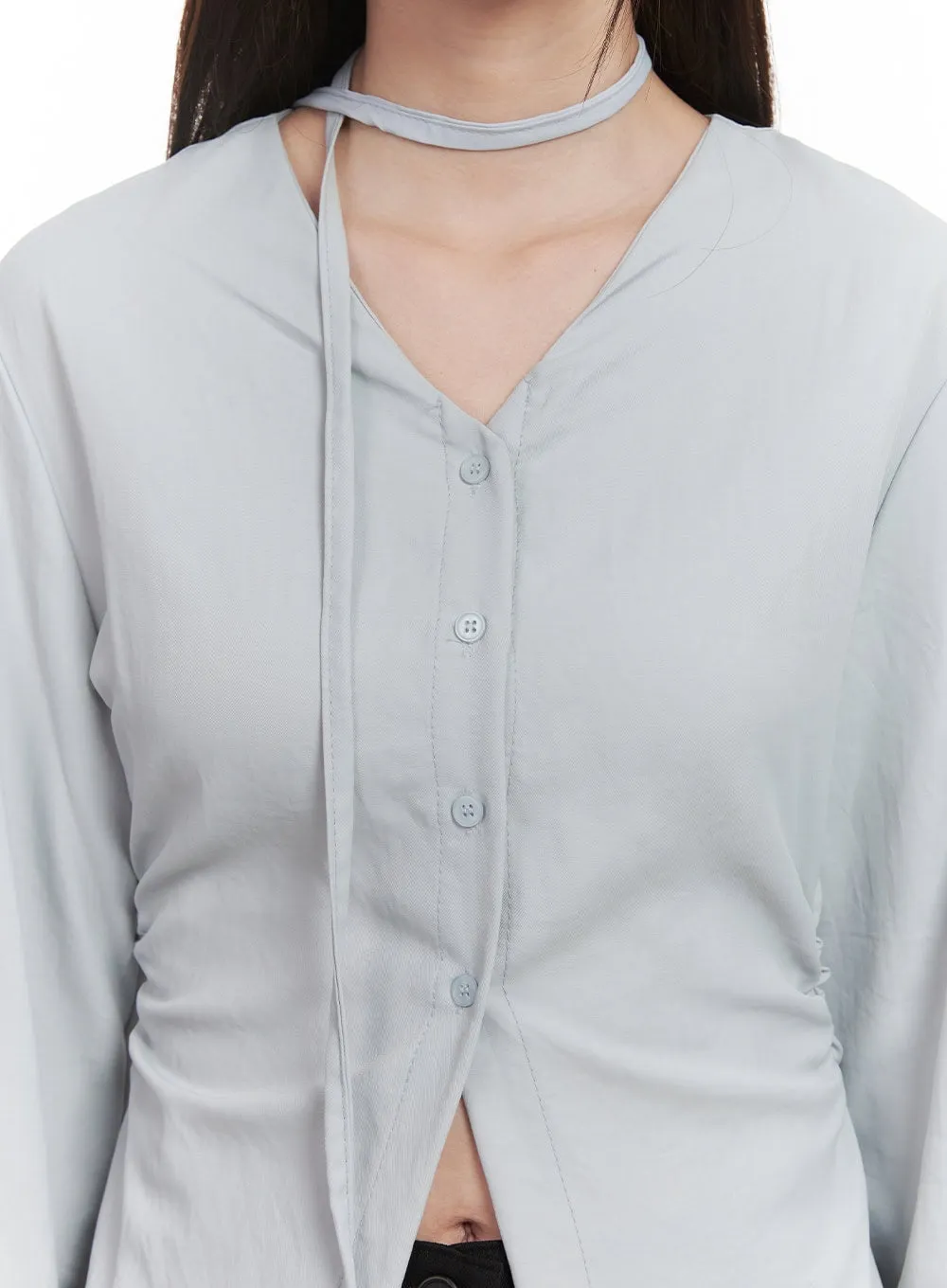 Slim-Fit Button-Down Blouse with Scarf IF505