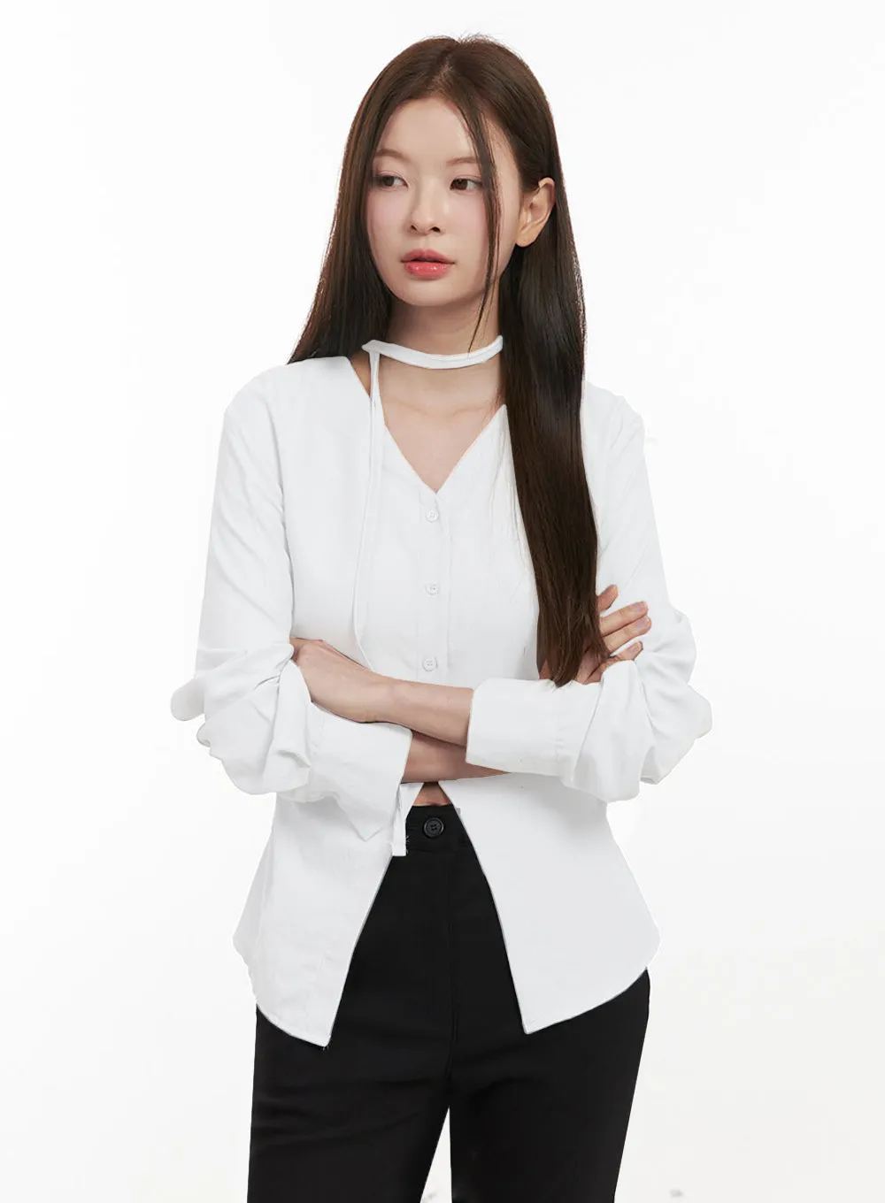 Slim-Fit Button-Down Blouse with Scarf IF505