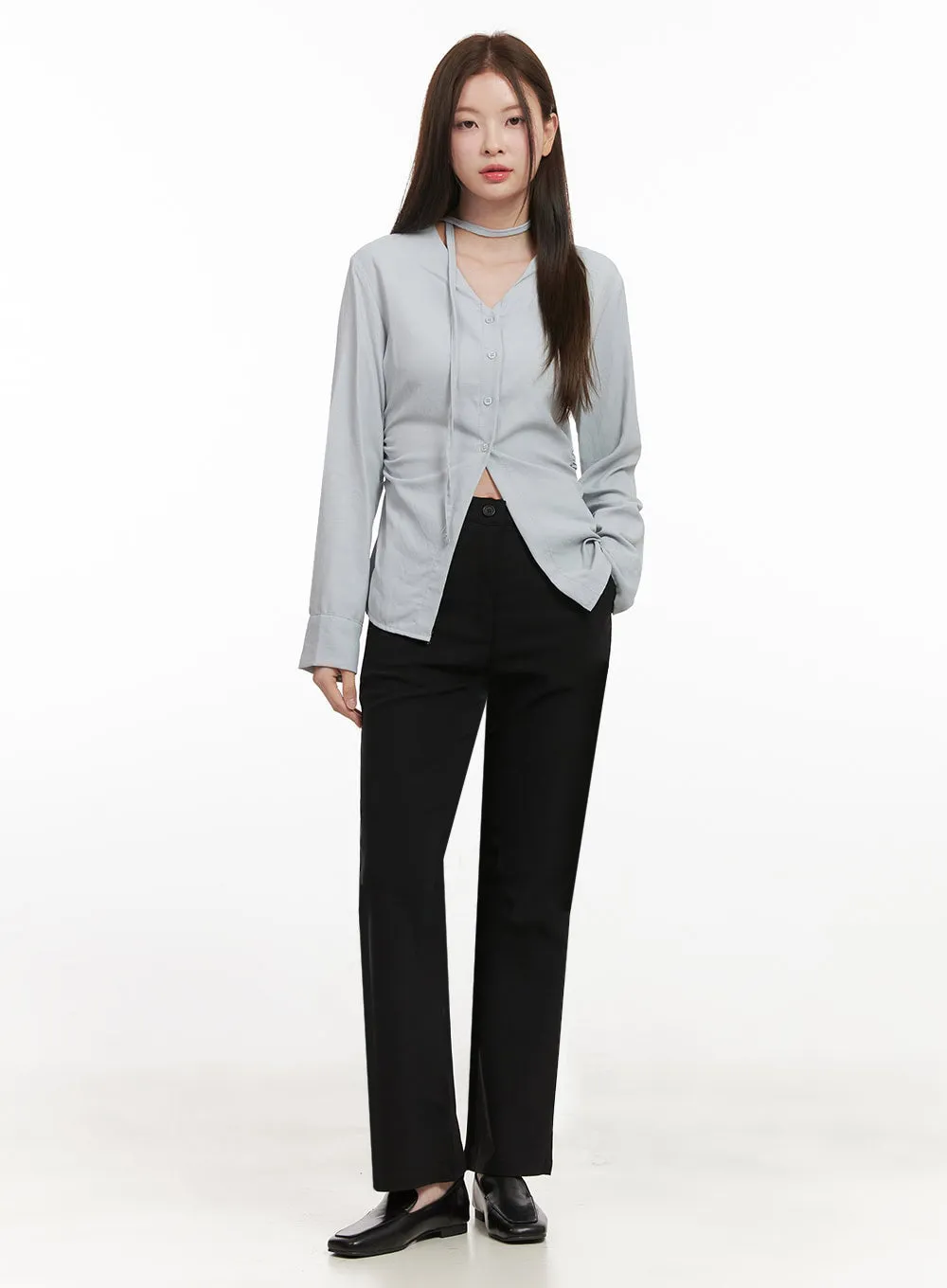 Slim-Fit Button-Down Blouse with Scarf IF505