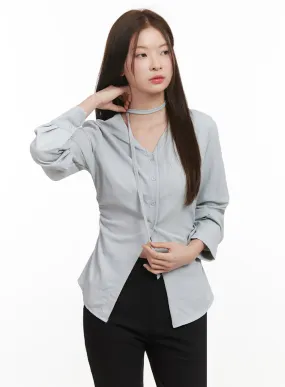 Slim-Fit Button-Down Blouse with Scarf IF505