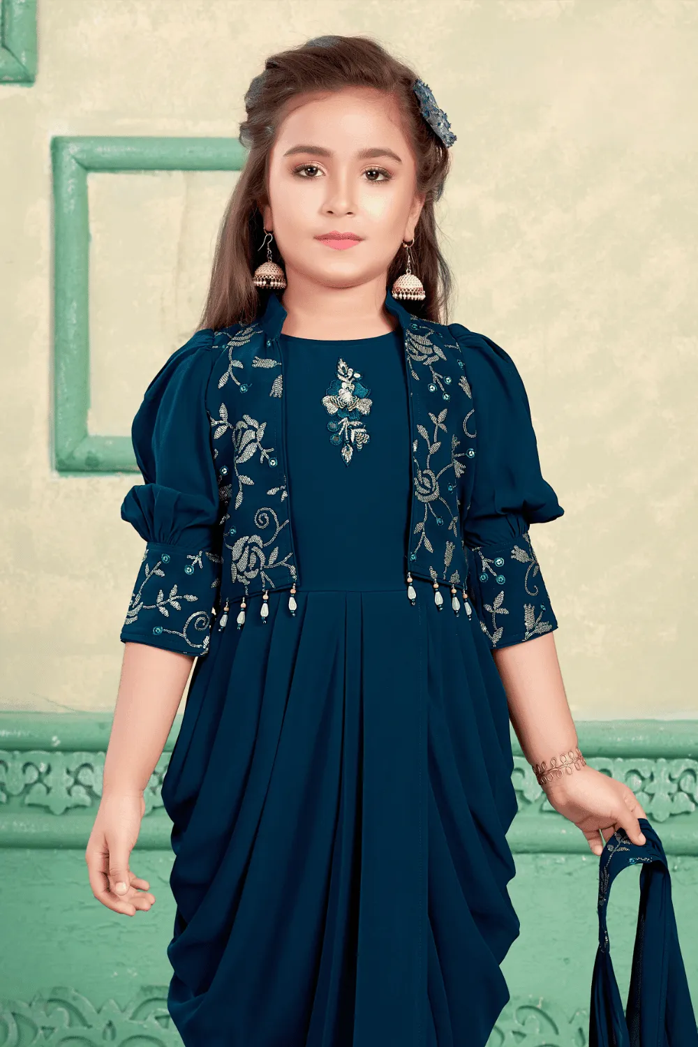 Teal Blue Sequins and Thread work Overcoat and Dhoti Style Jumpsuit for Girls