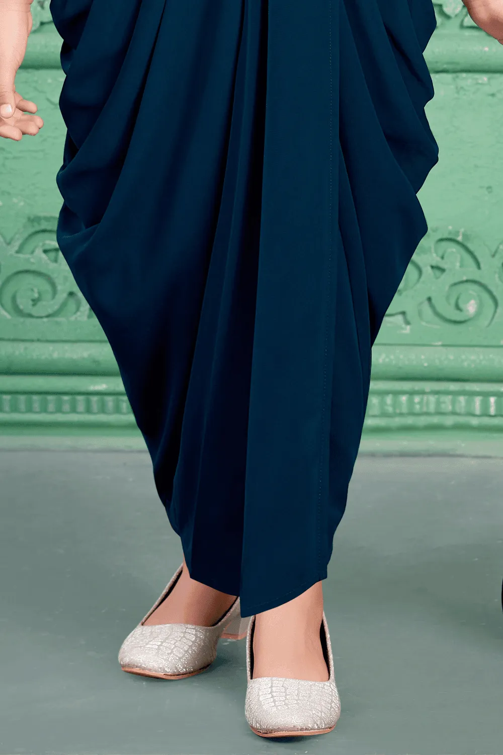 Teal Blue Sequins and Thread work Overcoat and Dhoti Style Jumpsuit for Girls