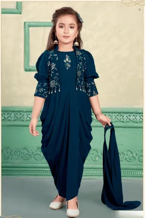 Teal Blue Sequins and Thread work Overcoat and Dhoti Style Jumpsuit for Girls