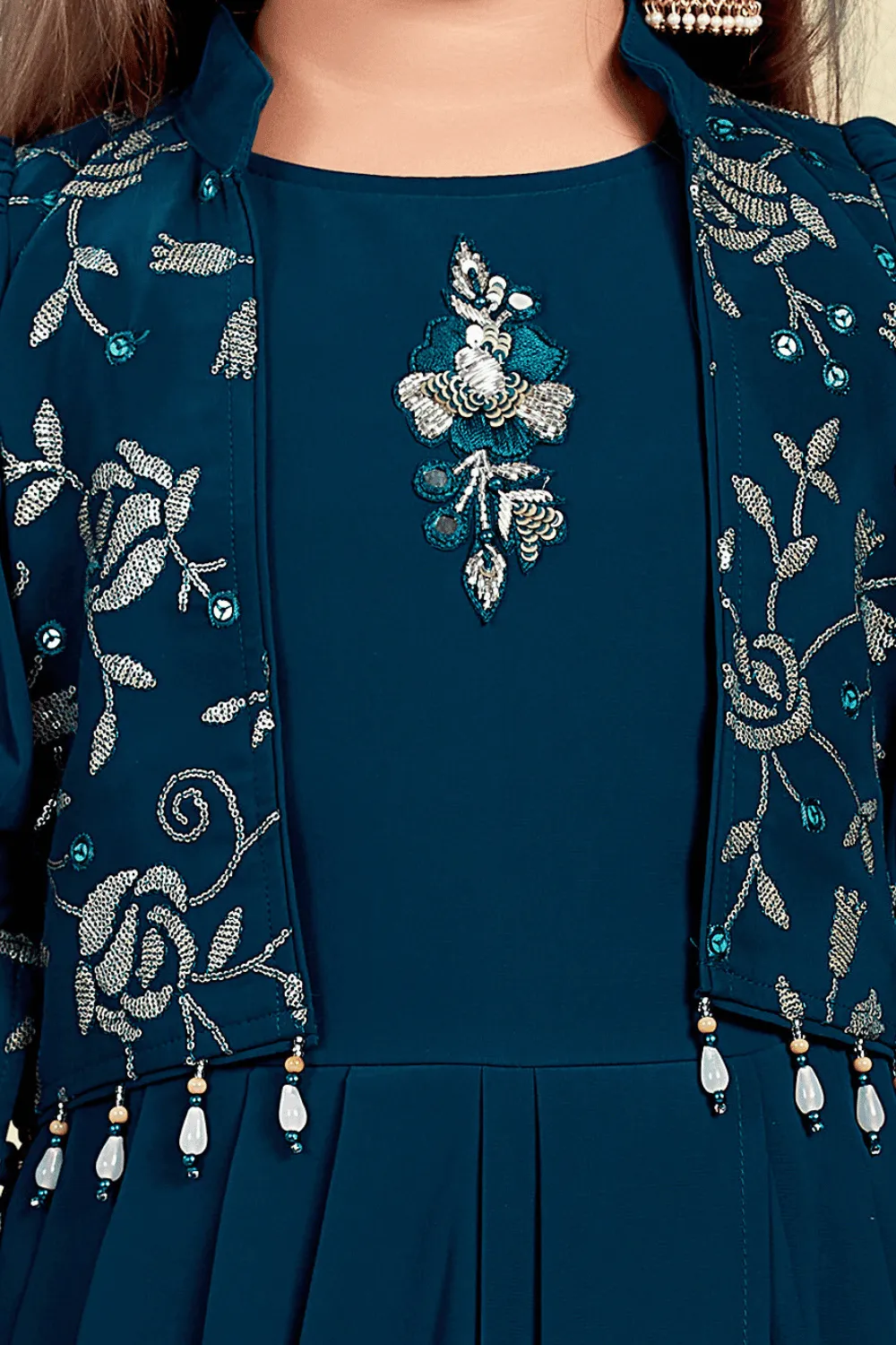 Teal Blue Sequins and Thread work Overcoat and Dhoti Style Jumpsuit for Girls