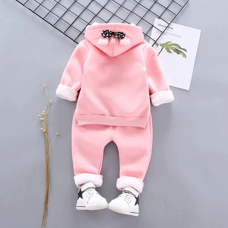 Thick Warm Girls Clothing Set Winter Plush Cotton Outfit For Baby Hoodies Jacket Pants Kids Casual Suit Toddler Boy Wearing