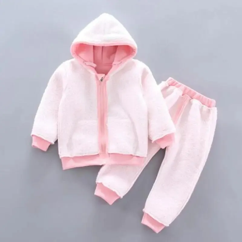 Thick Warm Girls Clothing Set Winter Plush Cotton Outfit For Baby Hoodies Jacket Pants Kids Casual Suit Toddler Boy Wearing