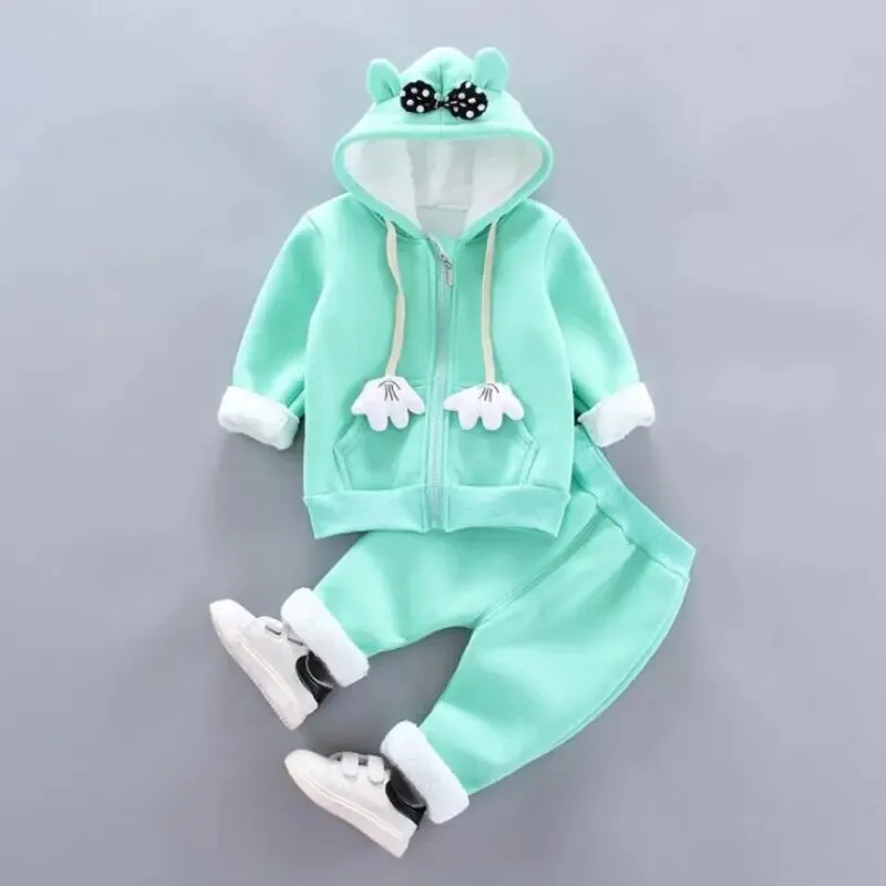 Thick Warm Girls Clothing Set Winter Plush Cotton Outfit For Baby Hoodies Jacket Pants Kids Casual Suit Toddler Boy Wearing