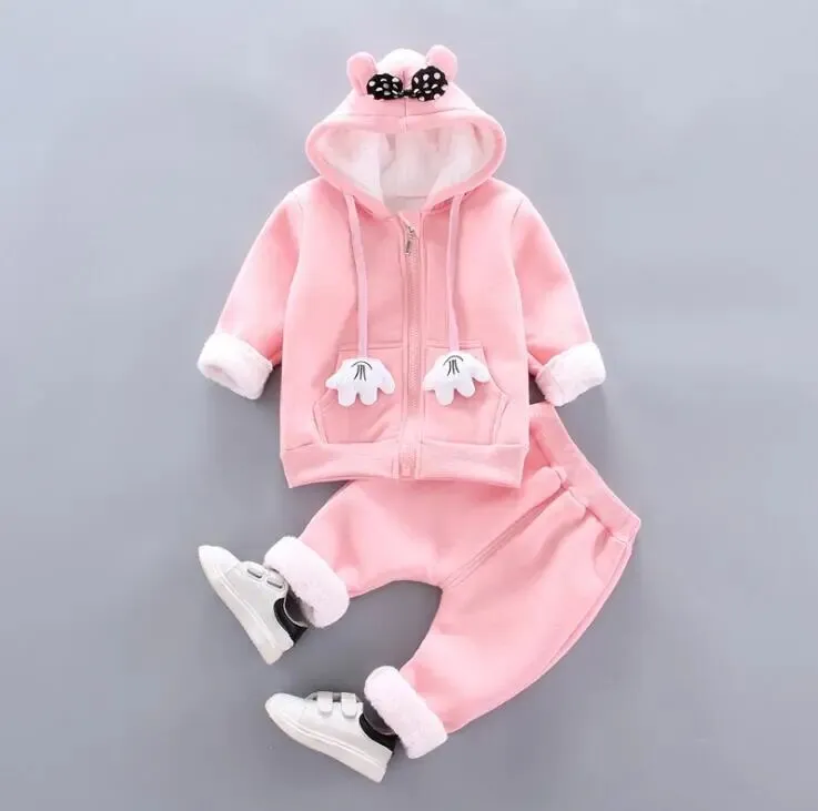 Thick Warm Girls Clothing Set Winter Plush Cotton Outfit For Baby Hoodies Jacket Pants Kids Casual Suit Toddler Boy Wearing