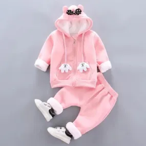 Thick Warm Girls Clothing Set Winter Plush Cotton Outfit For Baby Hoodies Jacket Pants Kids Casual Suit Toddler Boy Wearing
