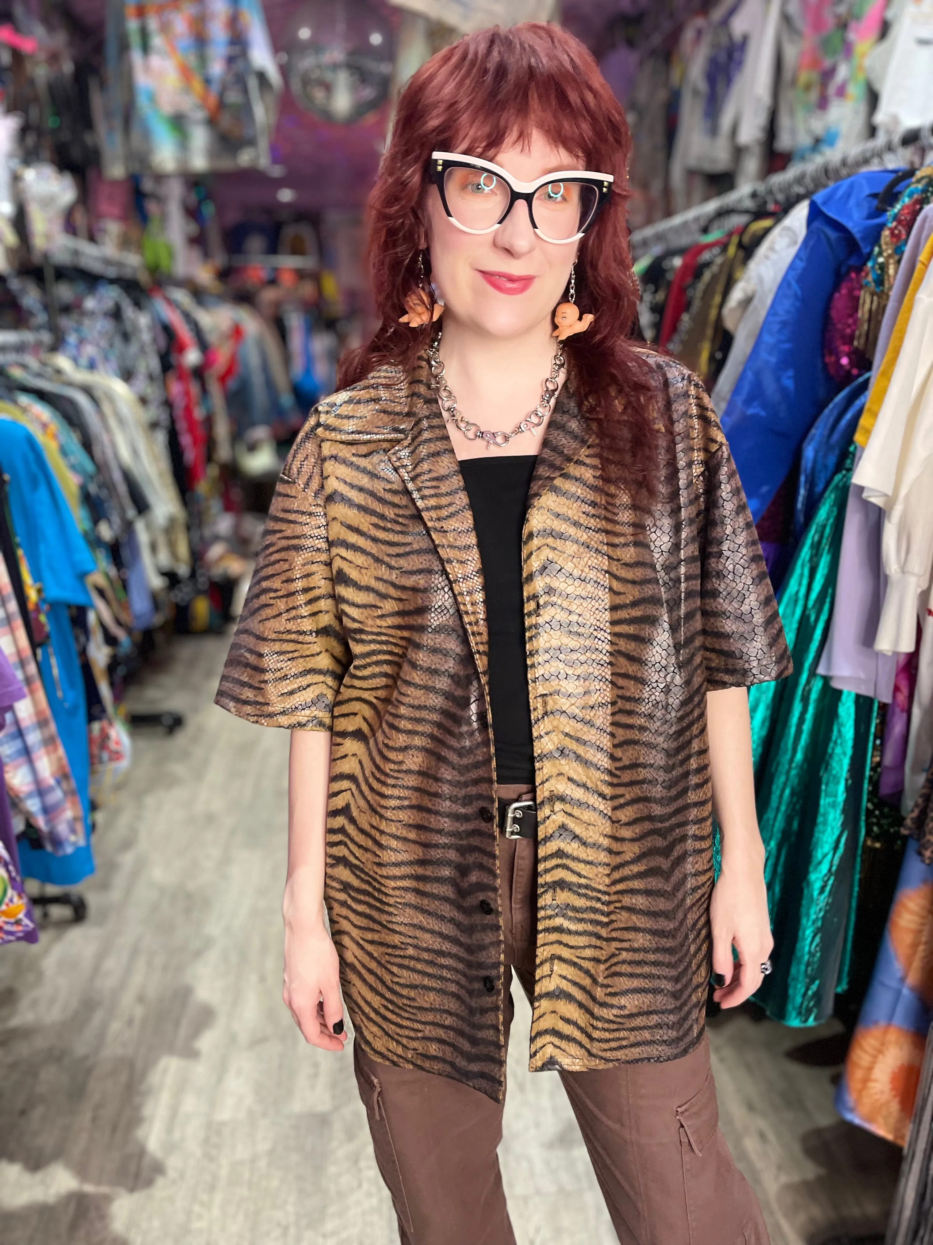 Vintage 90s Brown Textured Tiger Rave Shirt