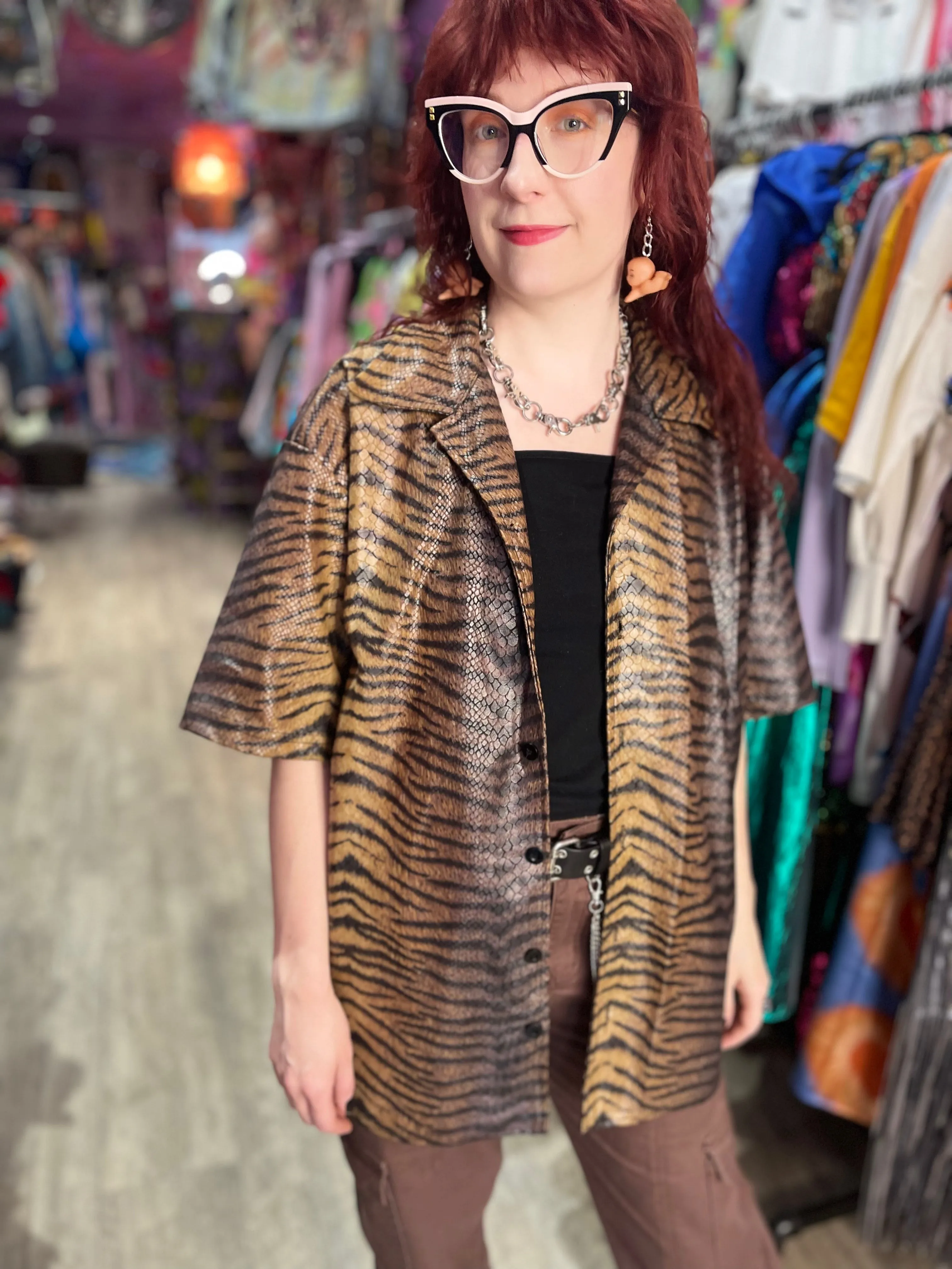 Vintage 90s Brown Textured Tiger Rave Shirt