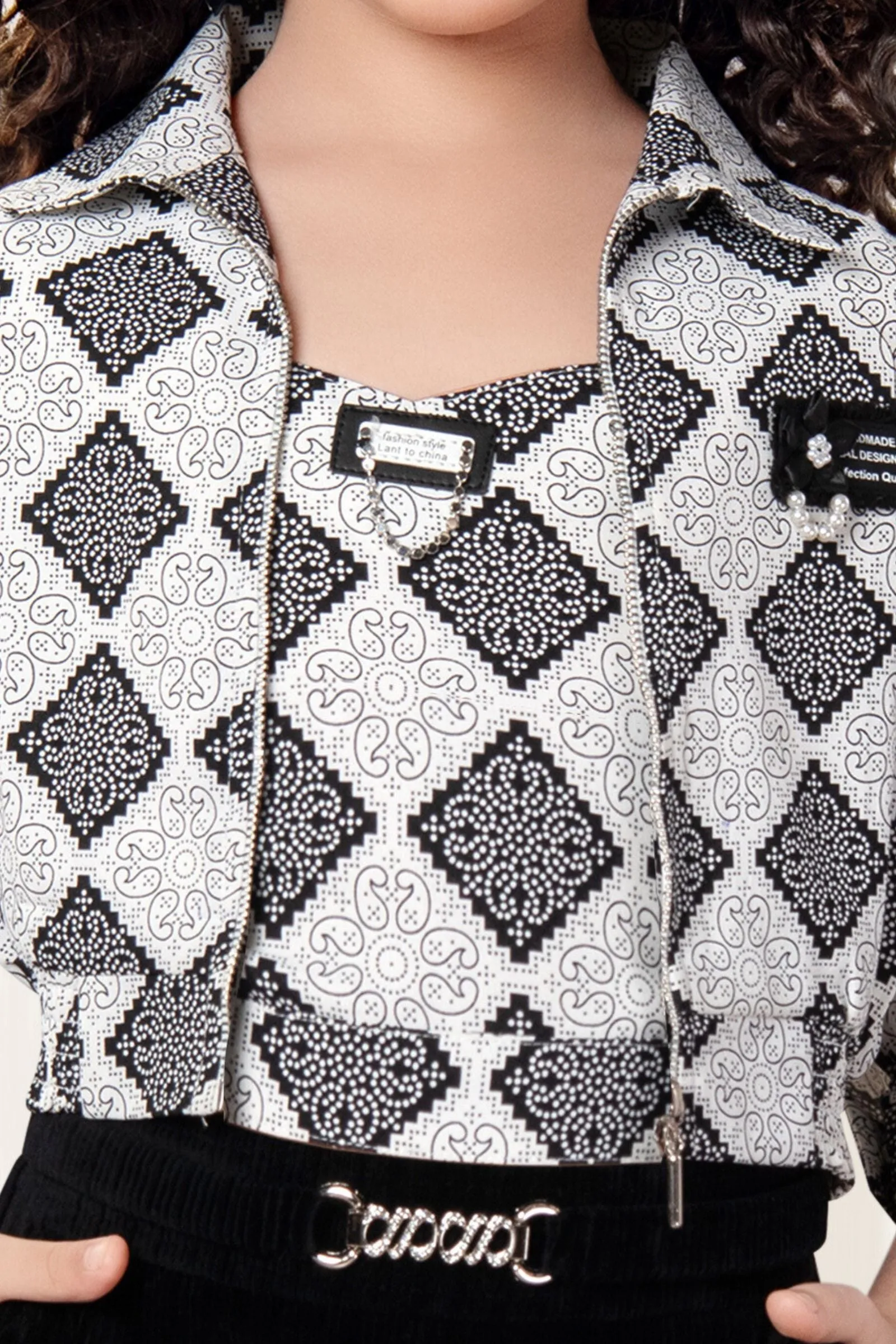 White with Black Digital Print Overcoat Styled Top and Pant Set for Girls