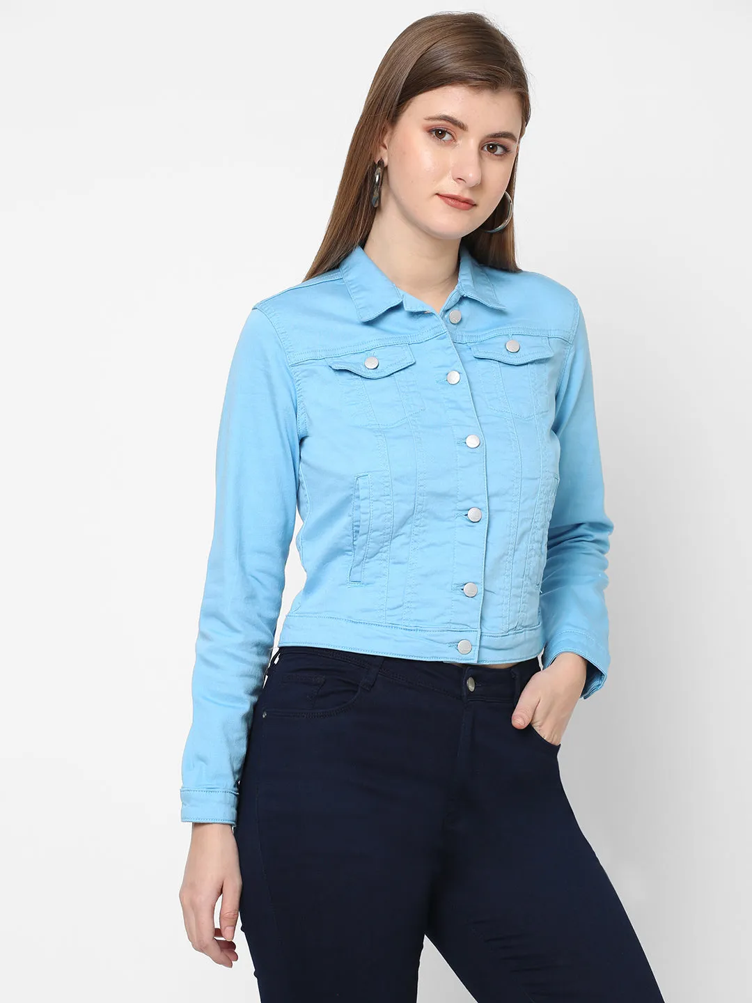 Women Slim Fit Trucker With Flap Pockets Crop Jacket