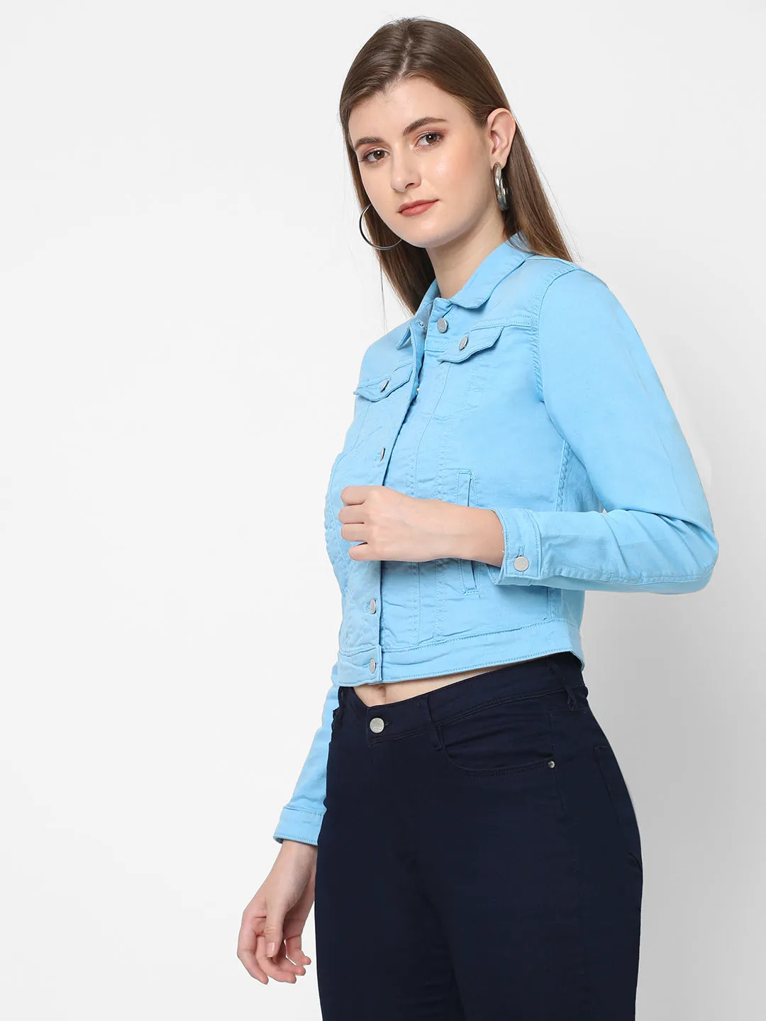 Women Slim Fit Trucker With Flap Pockets Crop Jacket